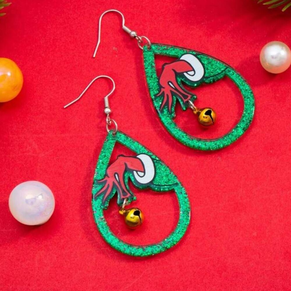 #54 Glitter Christmas Grinch Hand With Bell Acrylic Dangle Earrings